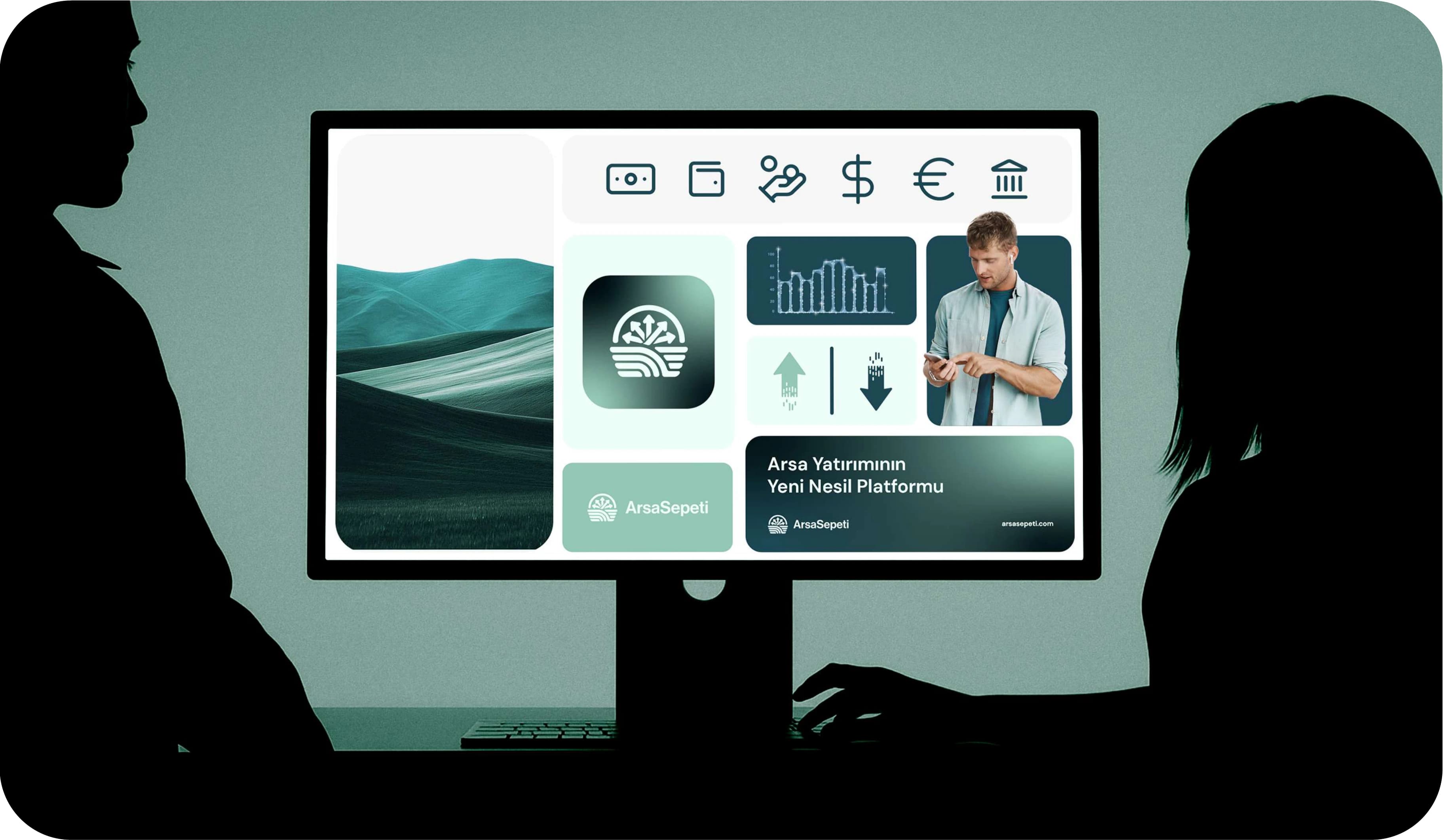 Two people looking at the ArsaSepeti brand board on a monitor