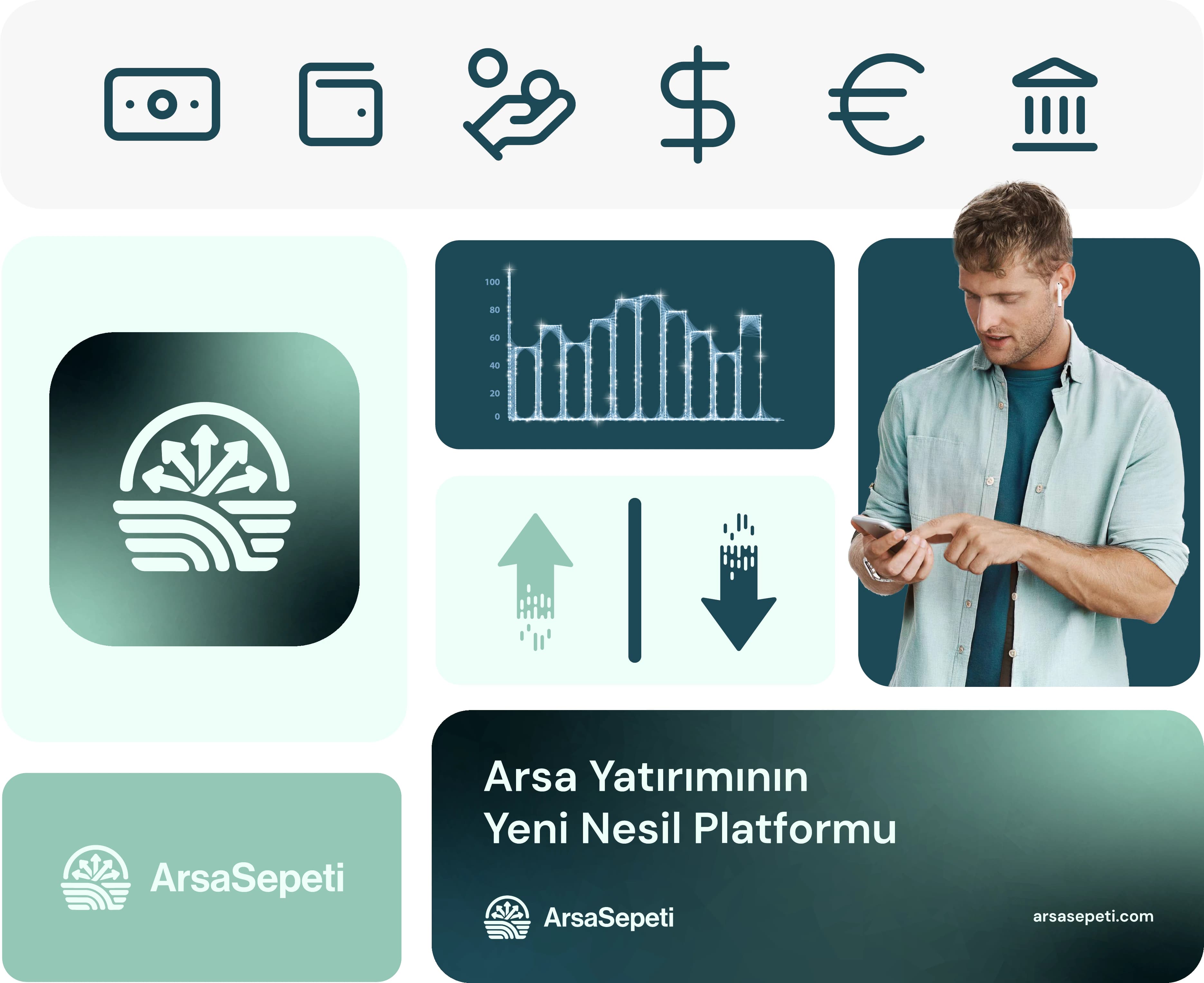 Brand system board: finance icons, app icon, chart, arrows, photo style and a banner