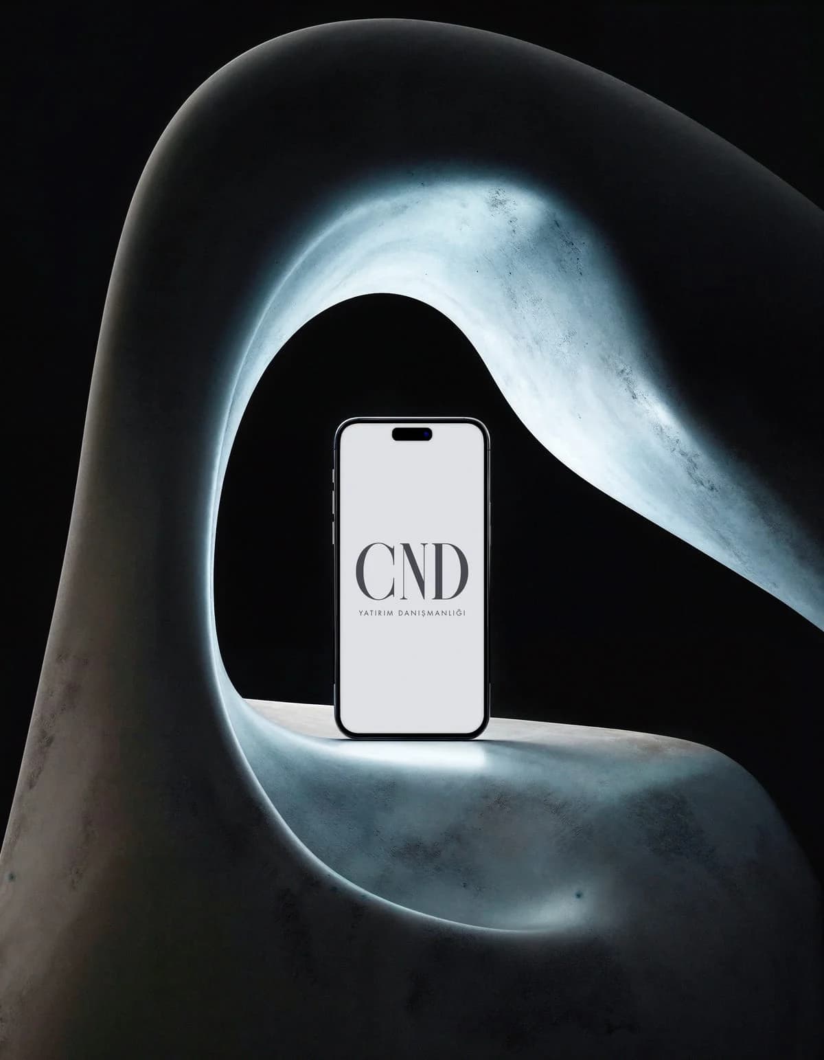CND logo on a phone screen inside a dark sculptural form
