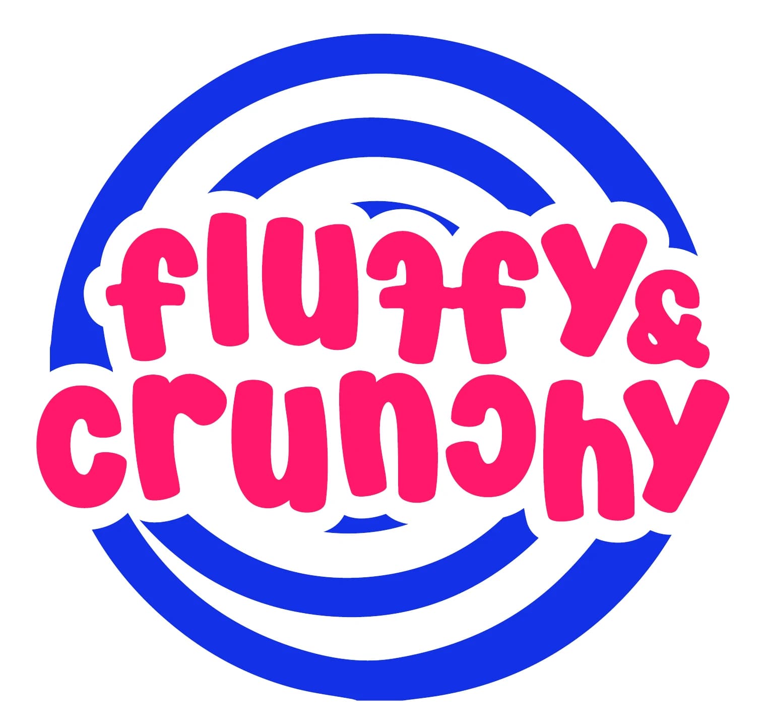 Round badge: hand-drawn Fluffy & Crunchy lettering inside a blue swirl