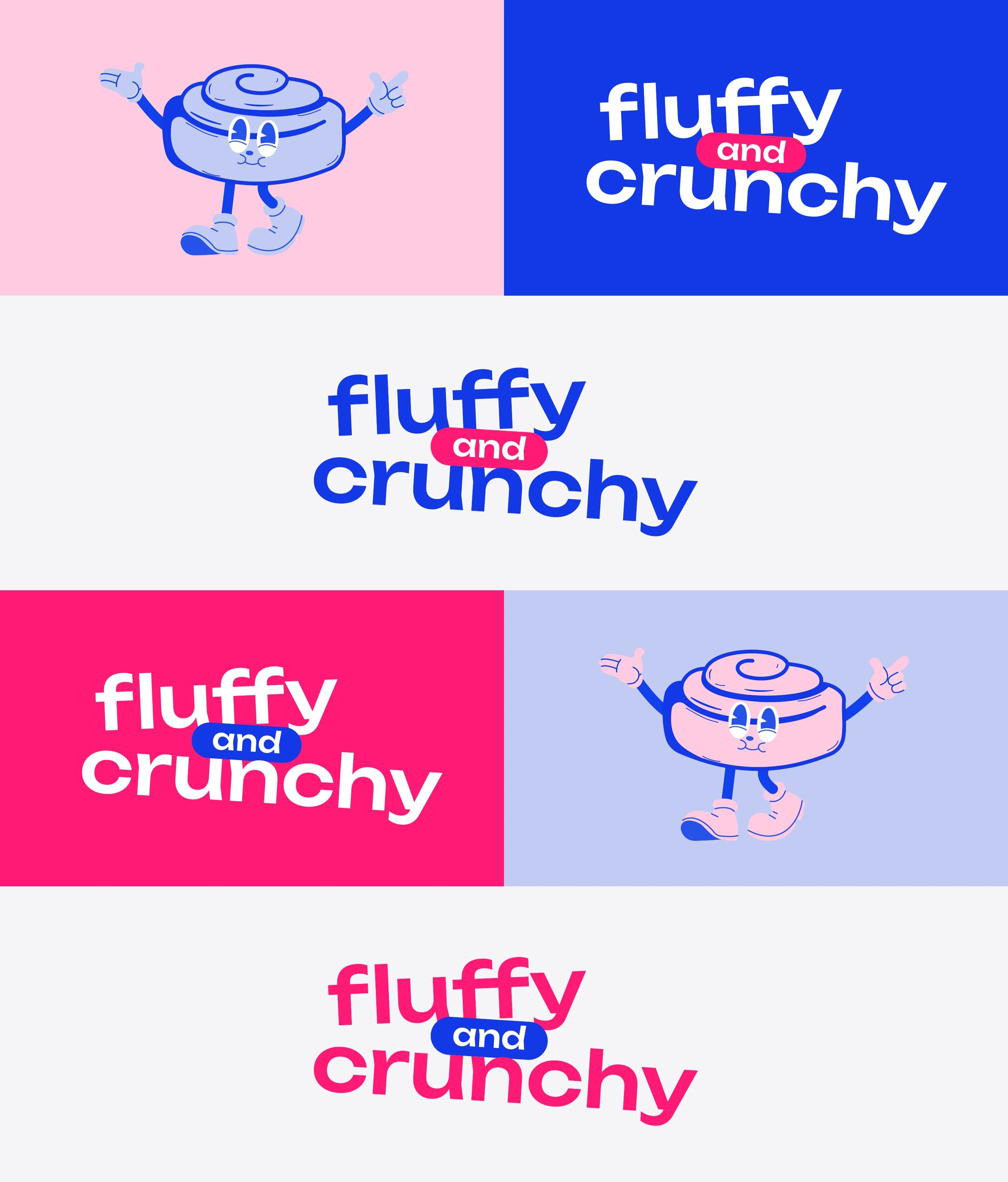 The wordmark and the mascot on pink, blue, pale blue and white backgrounds