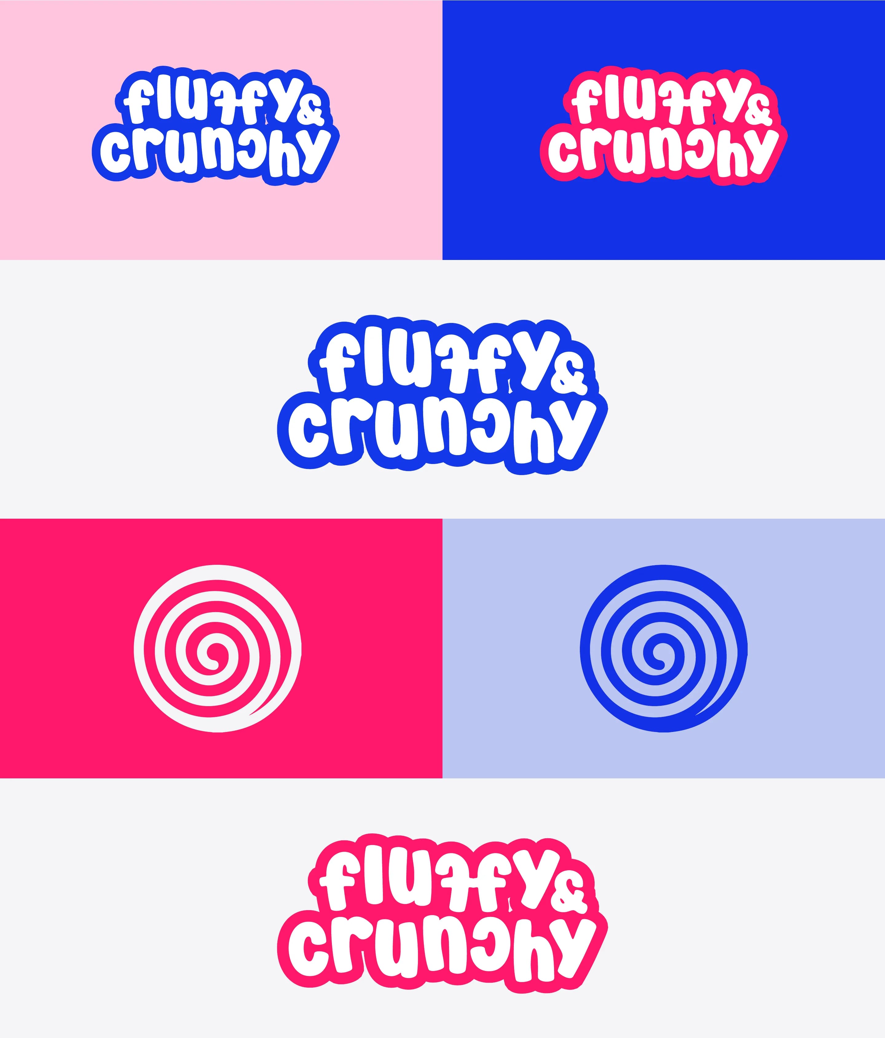 The hand-drawn lettering and the swirl mark on pink, blue, pale blue and white backgrounds