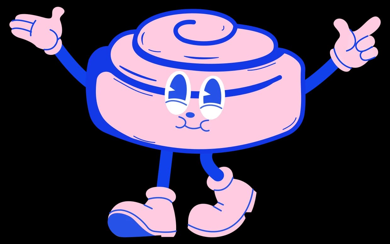 The Fluffy and Crunchy mascot: a cinnamon roll with arms, legs and a friendly face