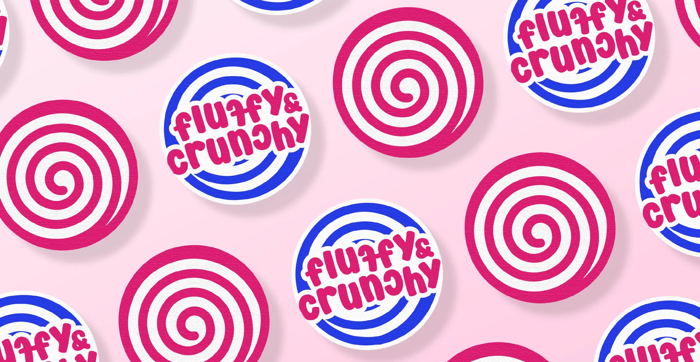 Round stickers with the swirl mark and the badge on a pink background