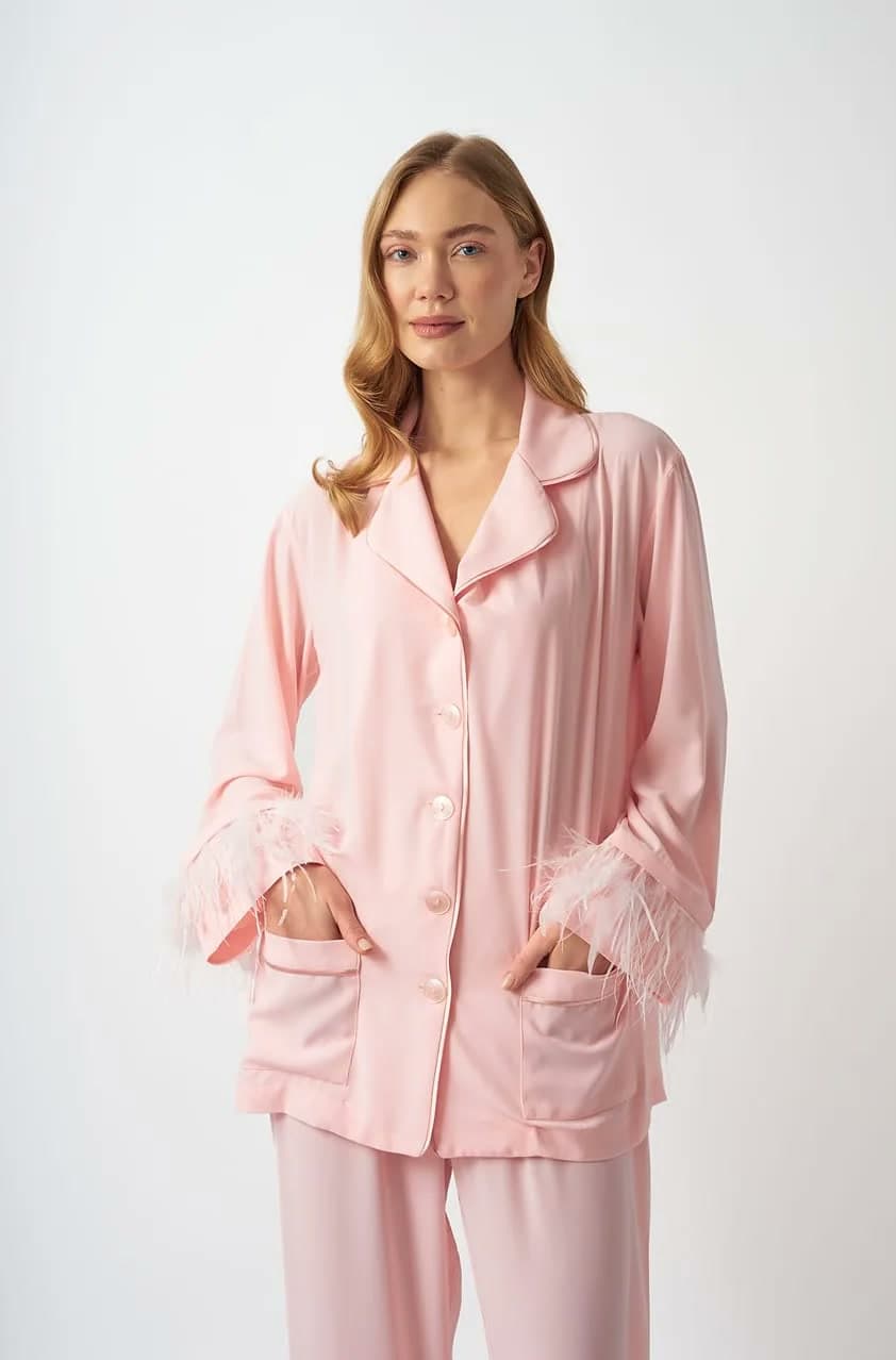 Original studio shot of the pink feather-trimmed set