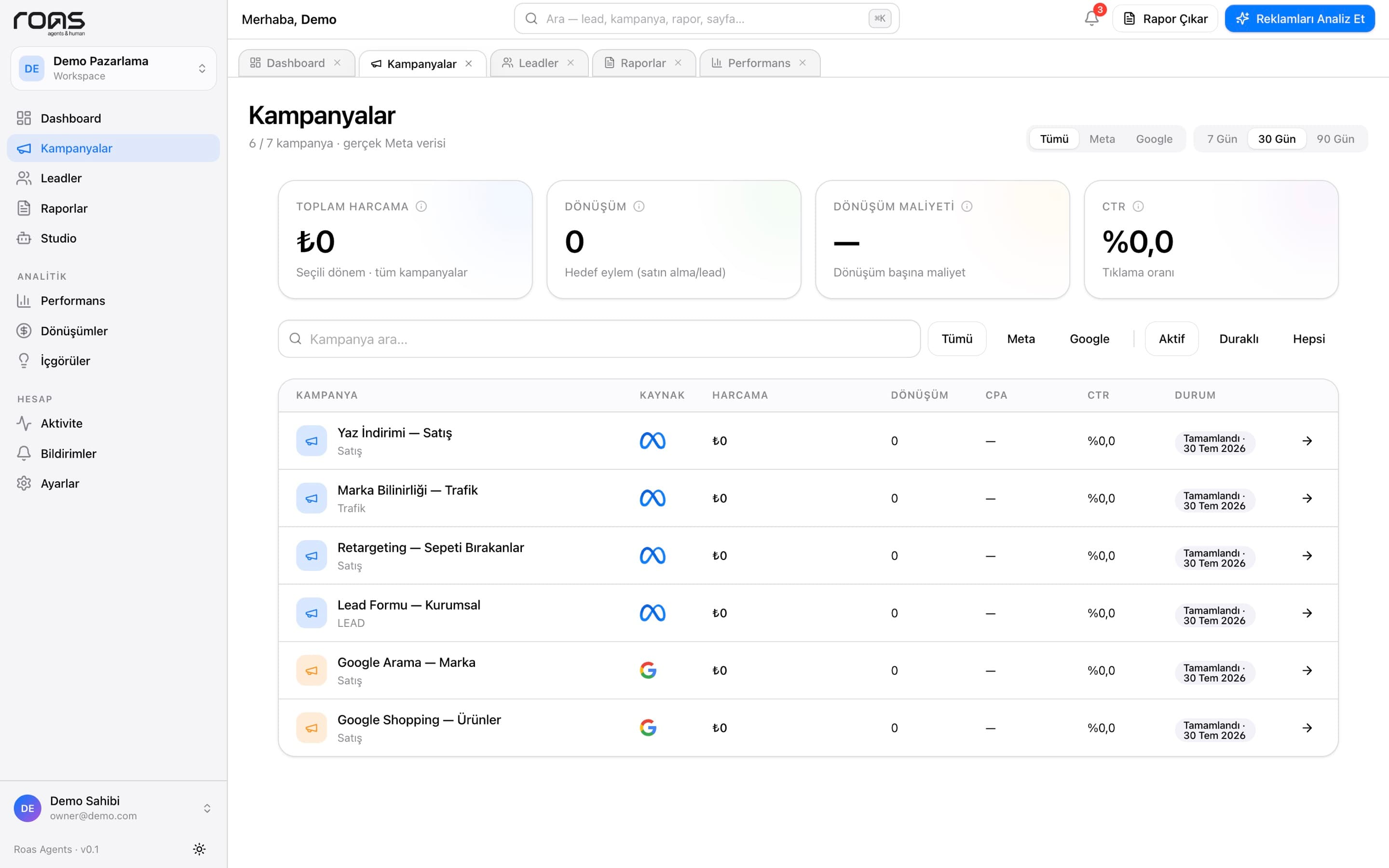 Campaigns screen with spend, conversions and status per campaign