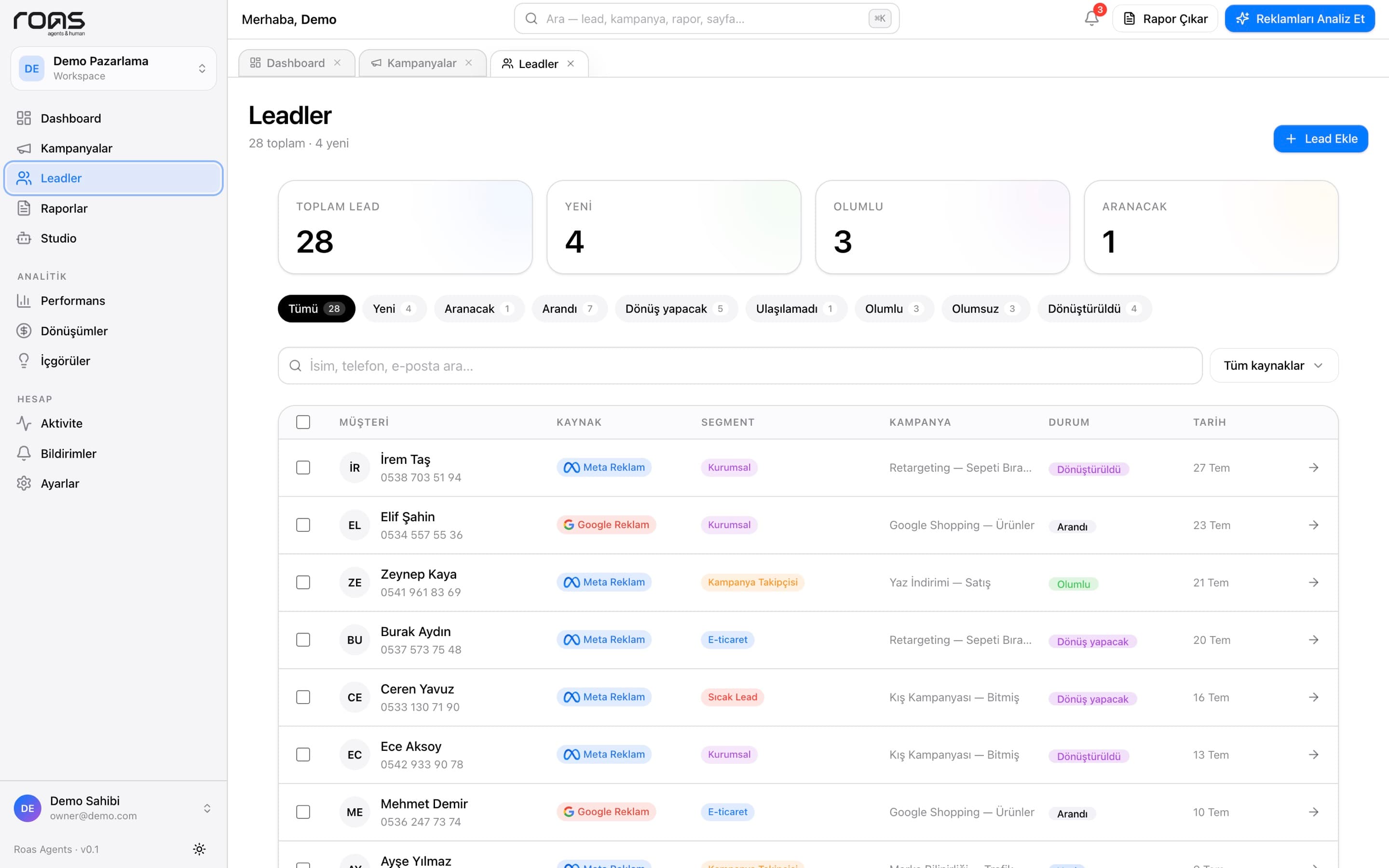 Leads screen with status filters and the lead table