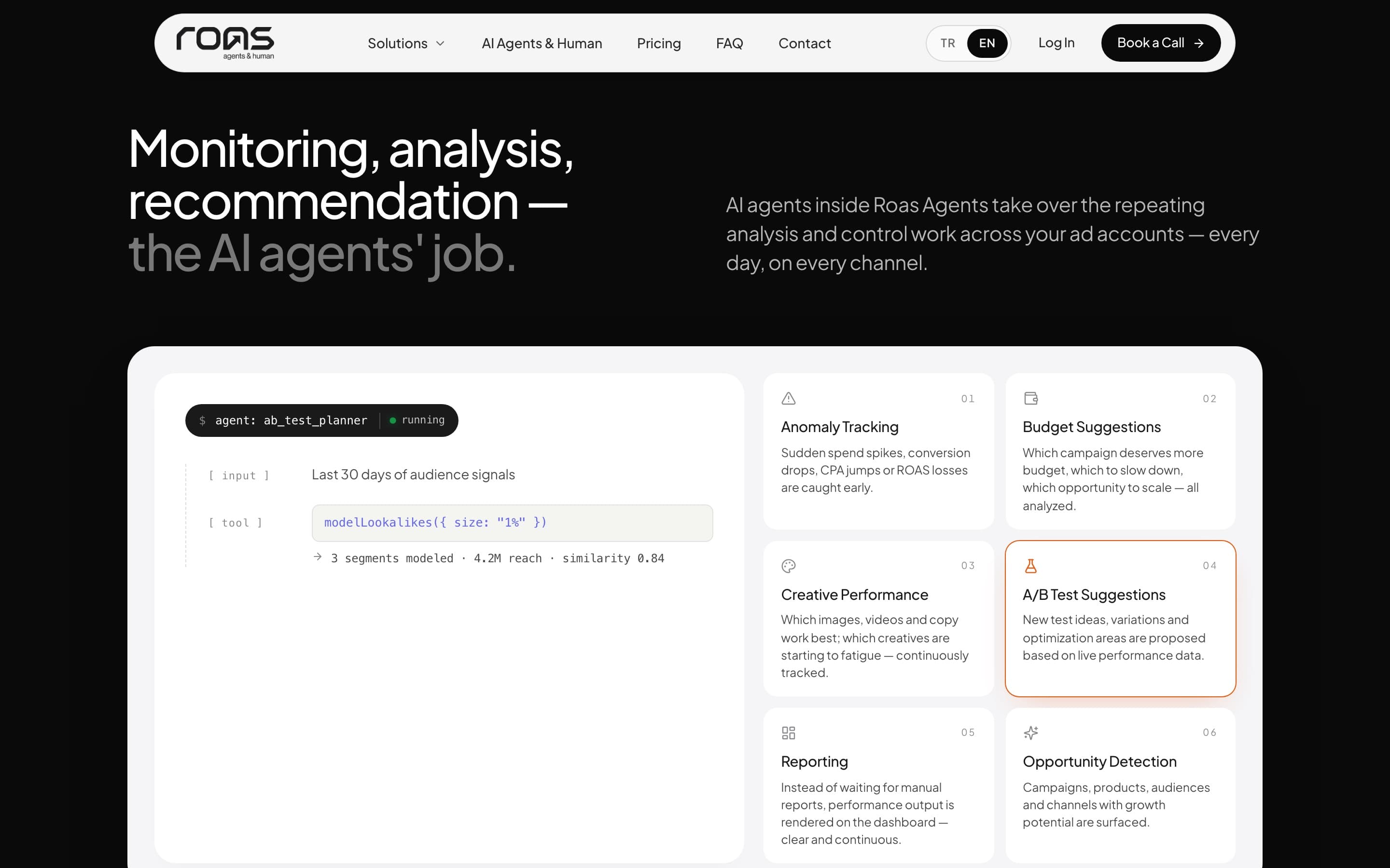 AI agents section with live agent output