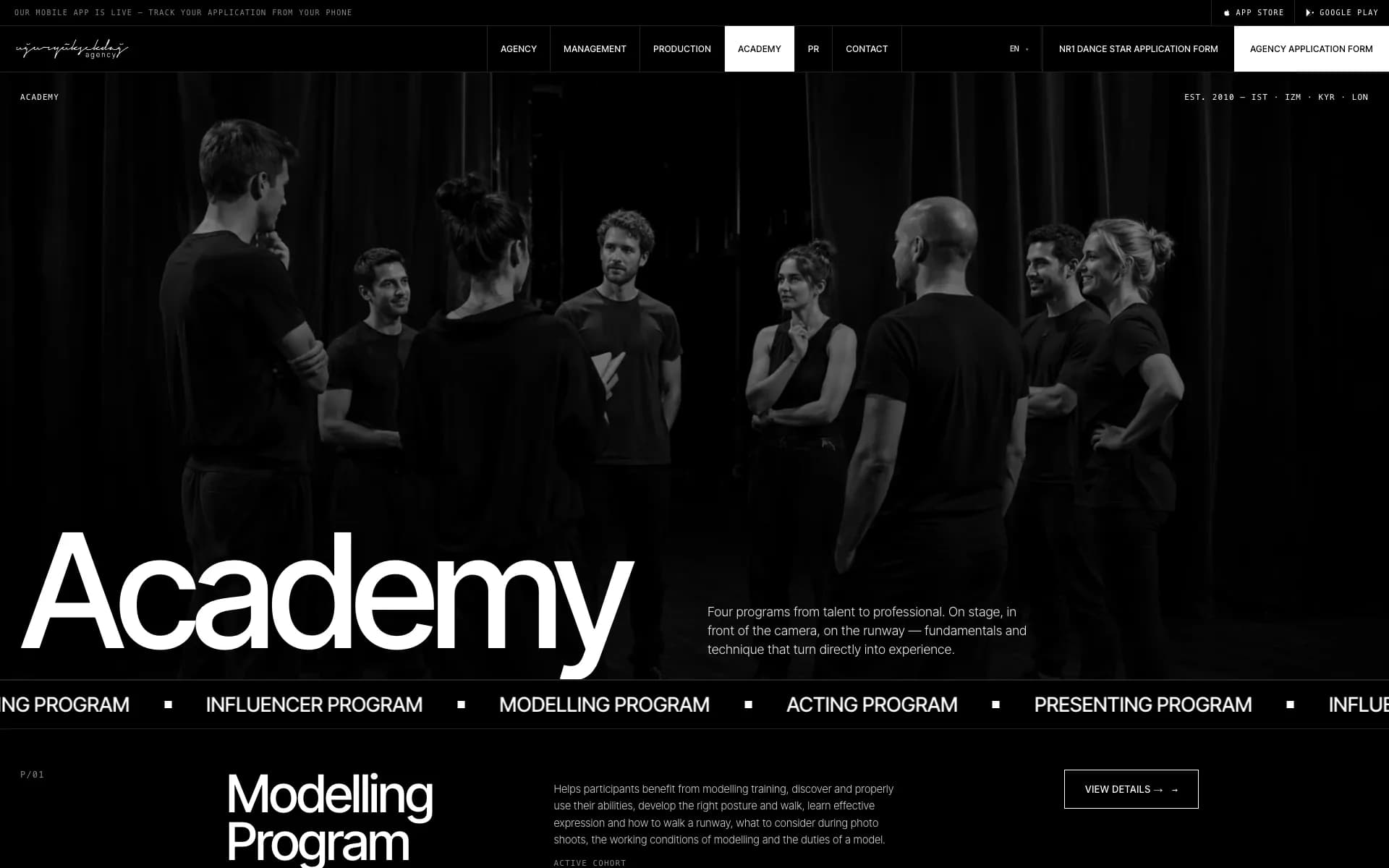 Academy page with the modelling, acting, presenting and influencer programmes