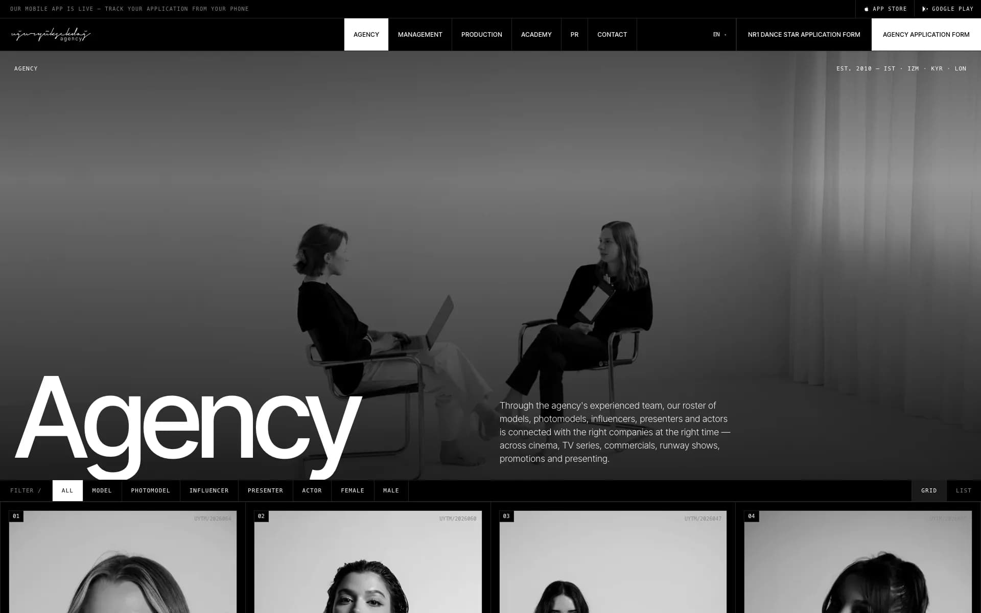 Agency page with talent filters