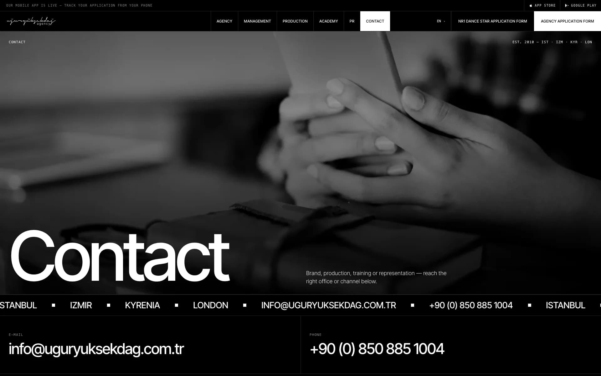 Contact page with the offices, e-mail address and phone number