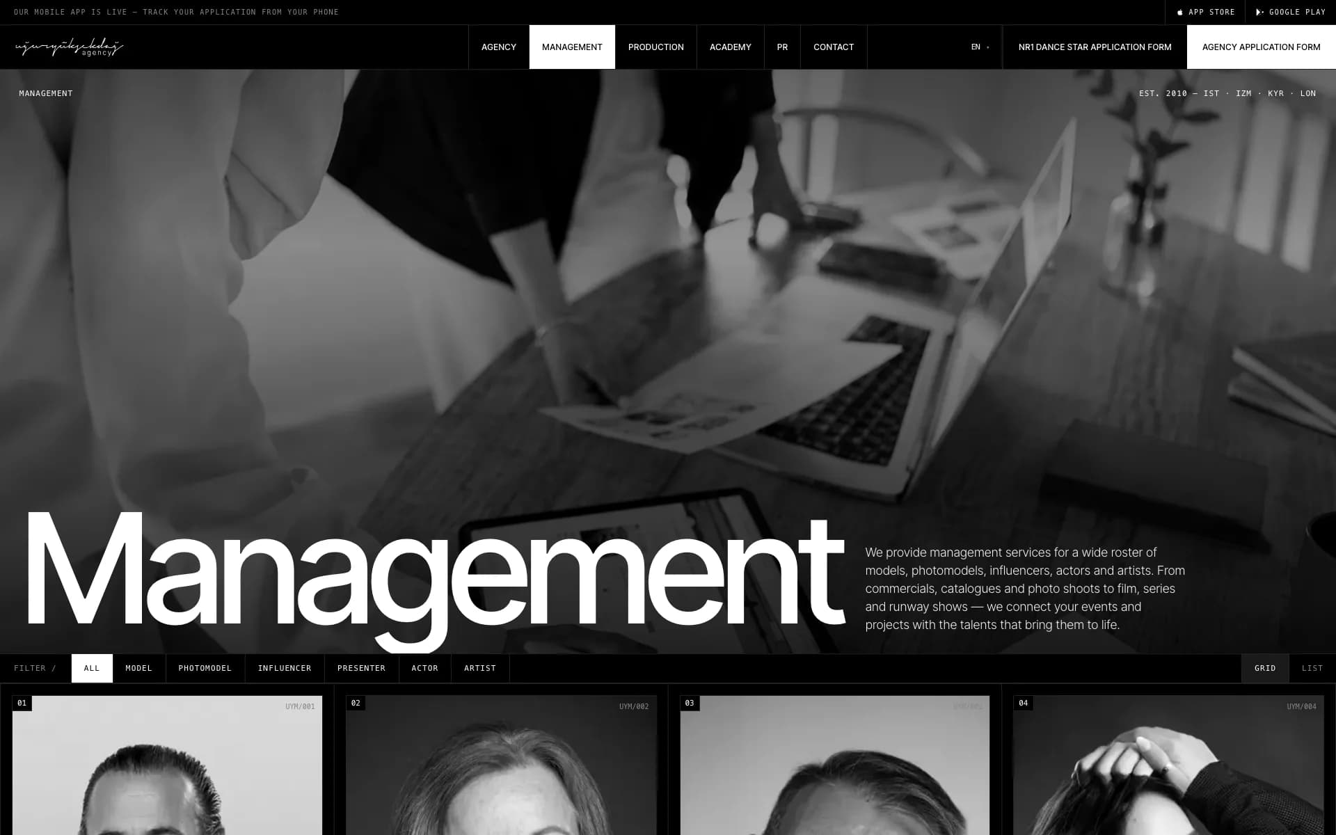 Management page with talent filters