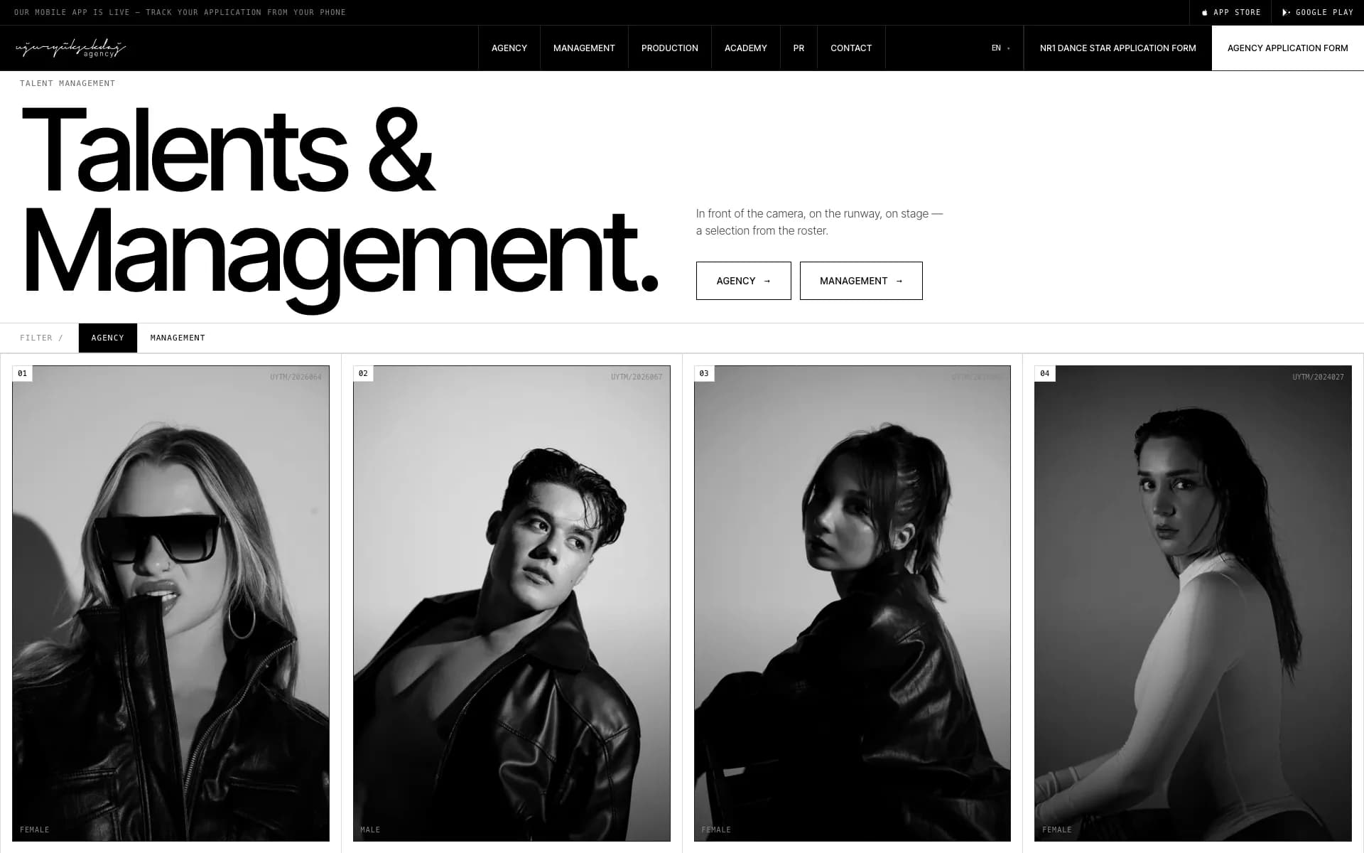 Talents & Management section with four talent portraits