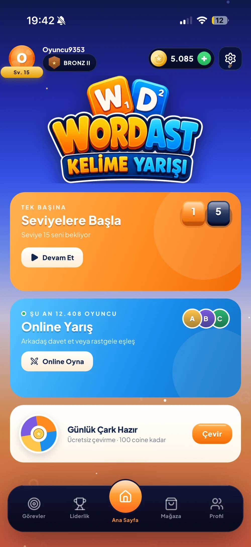 Home screen with the game modes