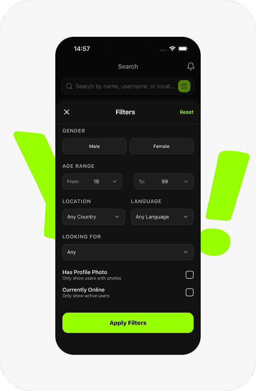 Filters screen on a phone with the Yo! mark behind it