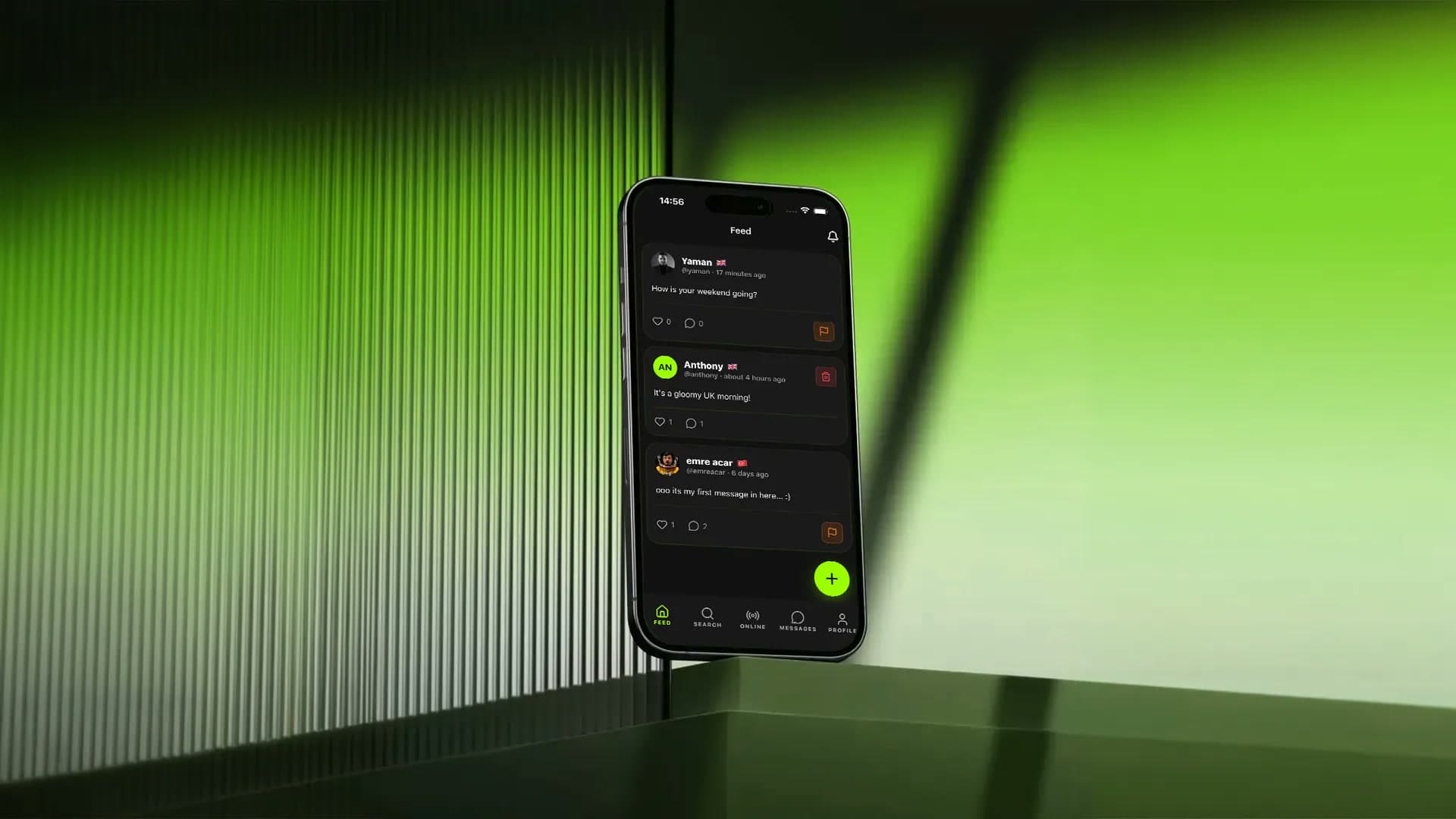 Yo!pals feed on a phone in a green-lit room