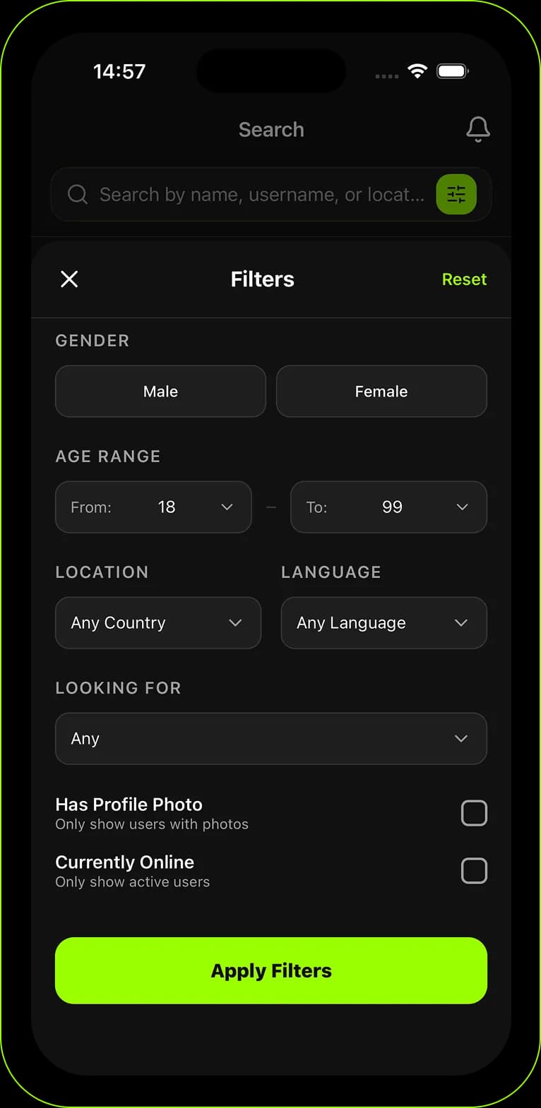 Search filters for gender, age, location and language